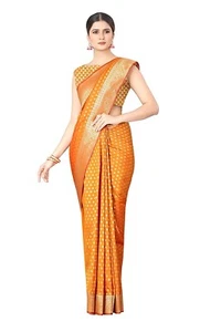 New Women's Woven Kanjeevaram Silk Saree with Unstitched Blouse Piece Mustard - Picture 1 of 3