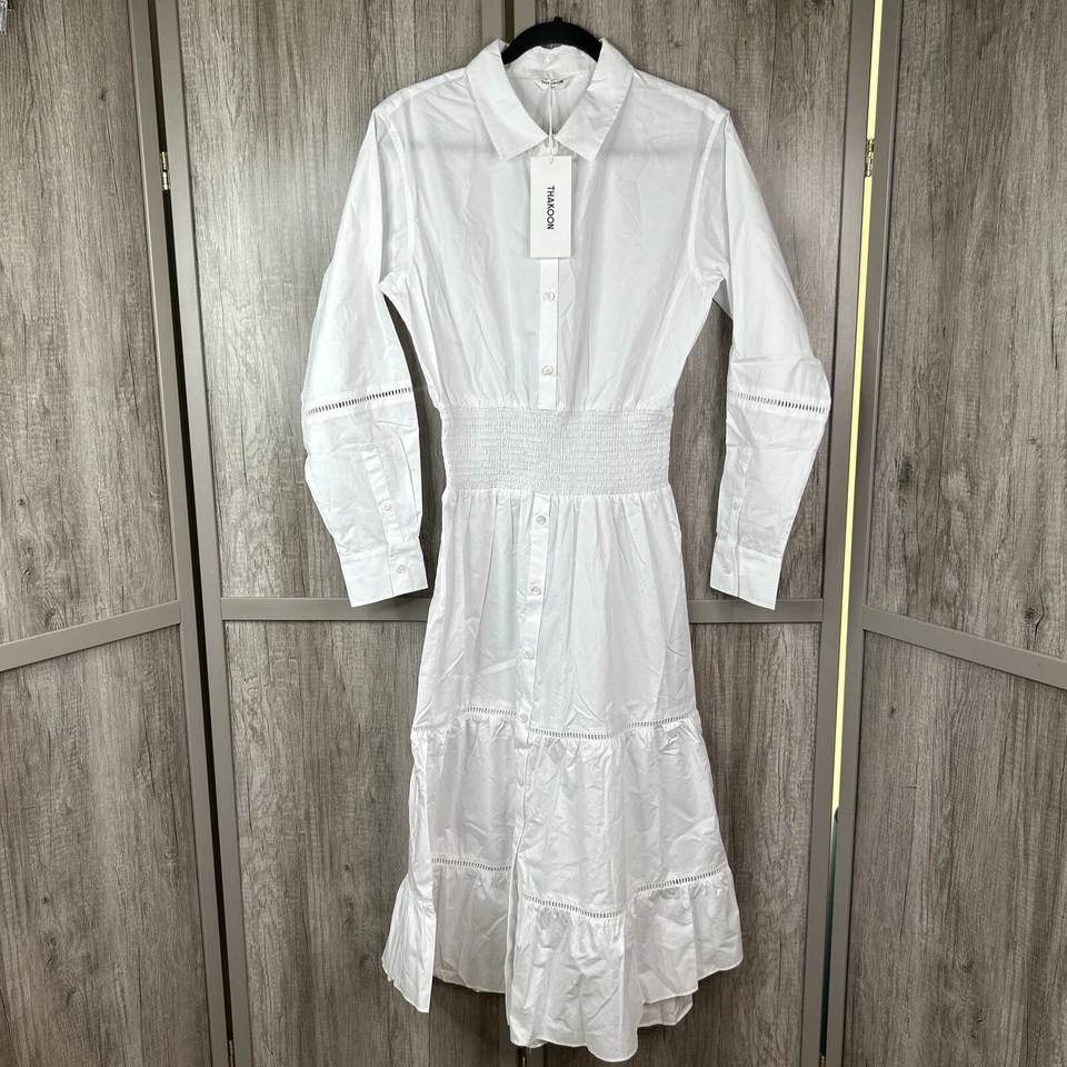 Vestido Thakoon Blanco Talla 8 Cintura Ajustada Botones Maxi Escalera Borde Foto 1 de 4