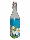 Vintage Italian Cerve Glass Bottle Swing Top Decanter Hand Painted Flowers Blue