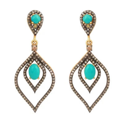 Turquoise Gemstone Diamond Pave 14K Gold Dangle Earrings 925 Silver Fine Jewelry - Image 1 of 4