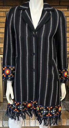 Tory Burch Luna Jacket Blazer Navy Cotton Blend Bead & Fringed Detail Size 4