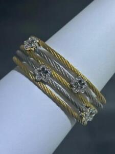 Yellow Gold Stainless Steel White Diamond Pave Clover Cable Bangle Bracelet 7"