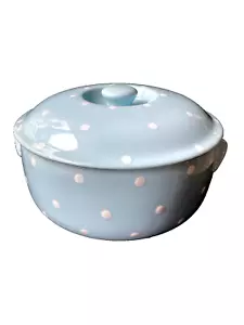 Spode Baking Days 2 Qt Round Covered Casserole Pot Lid Lt Blue White Polka Dot - Picture 1 of 7