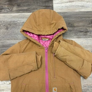 Carhartt Tan Pink Girl 2XS 4-5 Zip Up Quilted Lined Duck Canvas Outdoors Jacket  - Picture 1 of 10