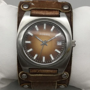Fossil Uhr Herren 38mm silberfarben Datum Leder Bund Armband braunes Ziffernblatt neue Batterie - Bild 1 von 16