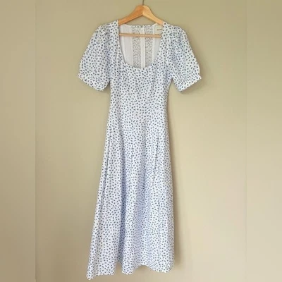 NUEVO Vestido Reformation Coucou Midi de Lino Hanna Blanco Azul Floral | US 2 UK 6 Foto 1 de 4