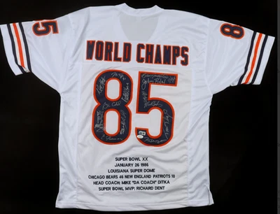 Camiseta deportiva firmada por el equipo destacado del Super Bowl XX Chicago Bears del 1985 (19)-certificado de autenticidad (jsa y Bas Foto 1 de 3