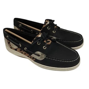 Sperry Top-Sider Boat Shoes Womens 8.5W Black Bluefish Cheetah Leather NEW - Picture 1 of 7