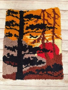 Vintage Riegel & Haken Teppich Wandbild Hängend Baum Sonnenuntergang 70’er Fertig - Bild 1 von 5