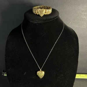 Bracciale e Collana Vintage La Mode Gold Filled Cuore Inciso Sweetheart Espansione - Foto 1 di 16