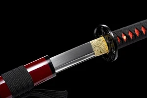 Handmade Japanese Katana Spring Steel Blade with Red Lacquered Wood Saya and Bra - Picture 1 of 14