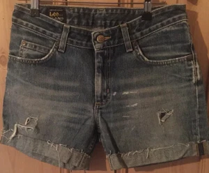 Vtg 90s LEE dark Denim Ripped frayed Festival party grunge Shorts S 28” waist - Picture 1 of 7