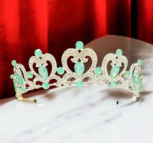 Emerald Rhinestone Tiara. Silver tiara, Heart tiara, Flower girl crown, Gifts - Picture 1 of 8