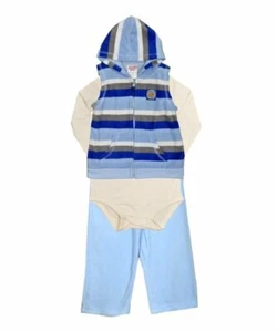 Baby Boys Blue & Cream Striped Hooded Romper 3Piece Suit SleepSuit Outfit Set - Picture 1 of 4