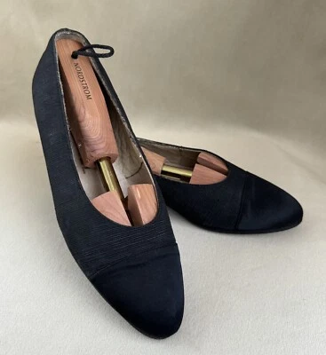 Chanel Ballet Flats Ballerina 37.5 Black Satin Denim Leather Cap Toe - Image 1 of 4