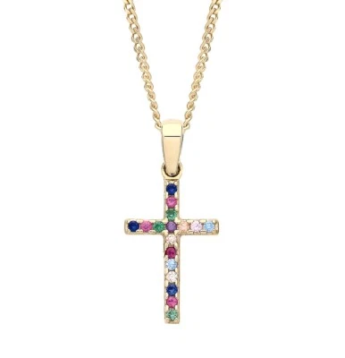 9ct Gold Multi Gem Cross REVERSIBLE Pendant Necklace + 18" Chain - Image 1 of 4