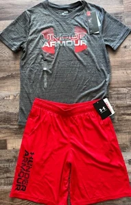 NWT Under Armour YLG Boys Gray Heather/Red BIG LOGO Shorts Set Large - Picture 1 of 3