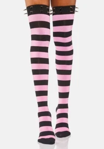 Pastel Punk Goth Pink Black Striped Thigh High Socks Stockings - Picture 1 of 2