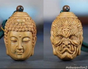 Buddha Monster Head Statue Netsuke Pendant Sandalwood Hand Carved Sakyamuni - Picture 1 of 5