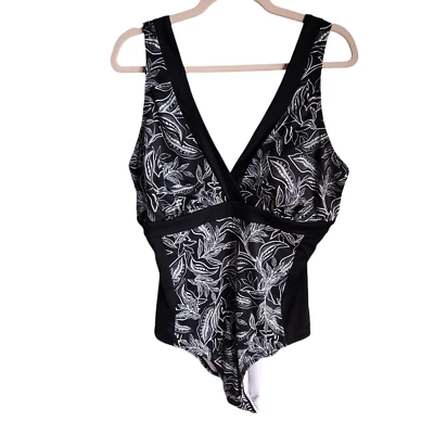 LL Bean Swimsuit Black 18 Women's One Piece V Neck Bathing Suit Paisley Leafy - Image 1 of 4