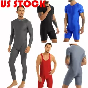 Men One-piece Jumpsuit Front Zipper Boxer Briefs Unitard Bodysuit Sportswear - Picture 1 of 61