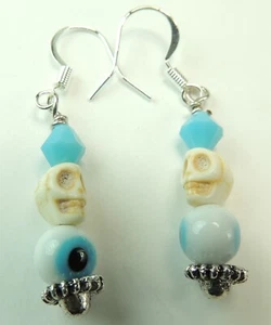 Turquoise Crystal Evil Eyes & Skull Earrings Handmade Jewelry - Picture 1 of 1