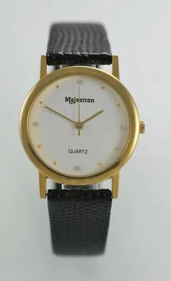 Majestron Men's White St Steel Gold Black Leather Quartz Battery Watch - Image 1 of 3