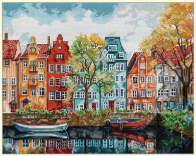 Printed Cross Stitch Kit 14 ct Copenhagen Canal Homes 42x34cm Joy Sunday DIY UK