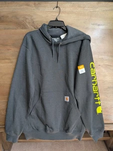 Carhartt Pullover Hoodie Mens Small Dark Gray Loose Fit Workwear Graphic Sleeve - Picture 1 of 4