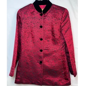 Giacca donna Shanghai Tang taglia 10 rosso/nero stampa floreale 100% seta con bottoni - Foto 1 di 9