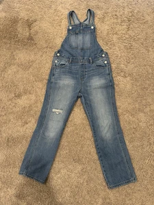 Old Navy Overalls Girls L Denim Jeans Medium Wash Blue Distressed Straight Leg - Picture 1 of 7