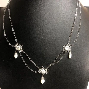 8446 Liz Palacio Triple Chain crystal Necklace with Pearl Drops 16" - Picture 1 of 3