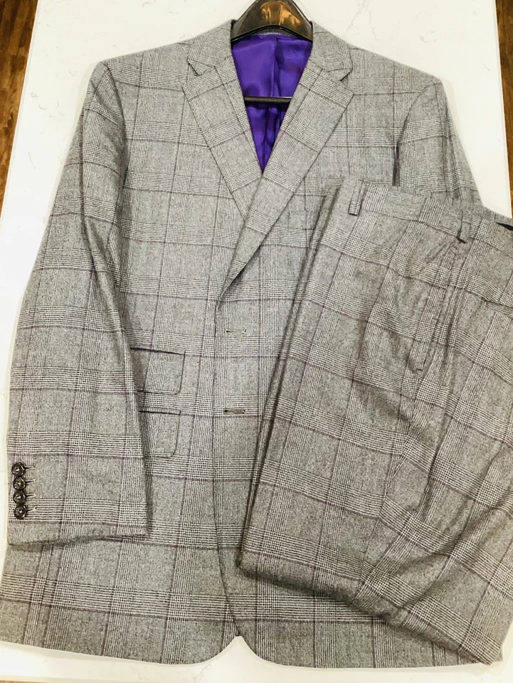 ¡NUEVO Traje de Ropa Oxxford! Franela táctil clara Super 180 gris y púrpura a cuadros Foto 1 de 4