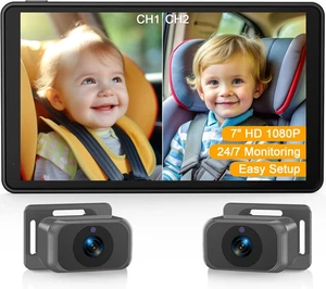 Baby Car Camera for 2 Kids - 7-Inch Split-Screen Monitor, Dual HD 1080P Cameras, - Picture 1 of 12