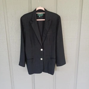 Lauren Ralph Lauren Women Linen Blazer Plus Size 16 Career Pockets In Black - Picture 1 of 13