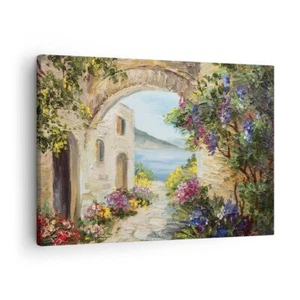 Wandbilder 70x50cm Leinwandbild Haus Santorini Blumen Klein Bilder Art Wanddeko - Bild 1 von 10