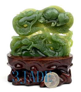 Natural Green Nephrite Jade Dragons Playing With Ball Statue /Carving /Sculpture - Picture 1 of 7