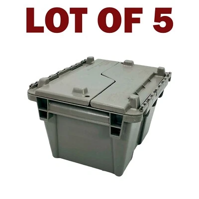 LOT OF 5 Orbis Plastic Tote Crate Attached Lid Flip Top 70 Lb Load Capacity - Image 1 of 4