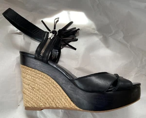 RALPH LAUREN LEATHER JUTE WEDGE PLATFORM SANDALS IN BLACK TASSEL ACCENT 9 - Picture 1 of 9