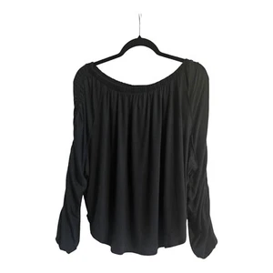 Free People NWT Womens XS Oversized Off Shoulder Top Black Long Ruched Sleeves - Picture 1 of 8