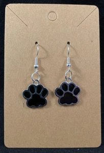 Silver & Black Paw Print Earrings - Dangle - Silver Hook - Handmade - Picture 1 of 3