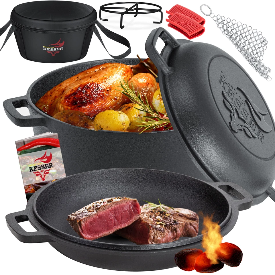 KESSER® Dutch Oven BBQ 2in1 Gusseisen Topf 4,8L und Pfanne 1,8L Gusstopf