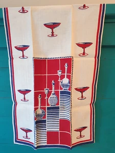 Vintage Red White Blue Linen 1950s Tea Towel Retro Martini Mid Century Barware - Picture 1 of 17