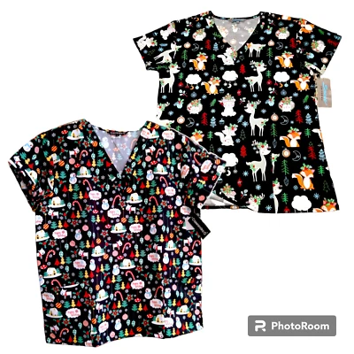 Christmas Holiday Themed Scrub Tops NWT Set of 2  Womens LARGE two pocket - Image 1 of 4