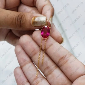 Oval 13x9mm Ruby Charm Pendant,Double Drop Chain Pendent 14k Yellow Gold For Her - Picture 1 of 4