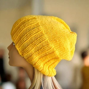 Handmade Women Knit Yellow Slouch Beanie Wool Winter Oversized Unisex Cuff Hat - Picture 1 of 9