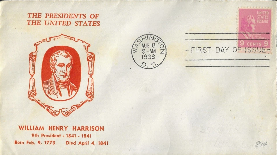 1938 Prexie FDC, #814, 9c William Henry Harrison, Hux Cut P-11 - Image 1 of 1