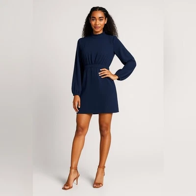 ModCloth Navy Blue Long Sleeve Mini Dress Size 6 Ruffle Neckline - Image 1 of 4