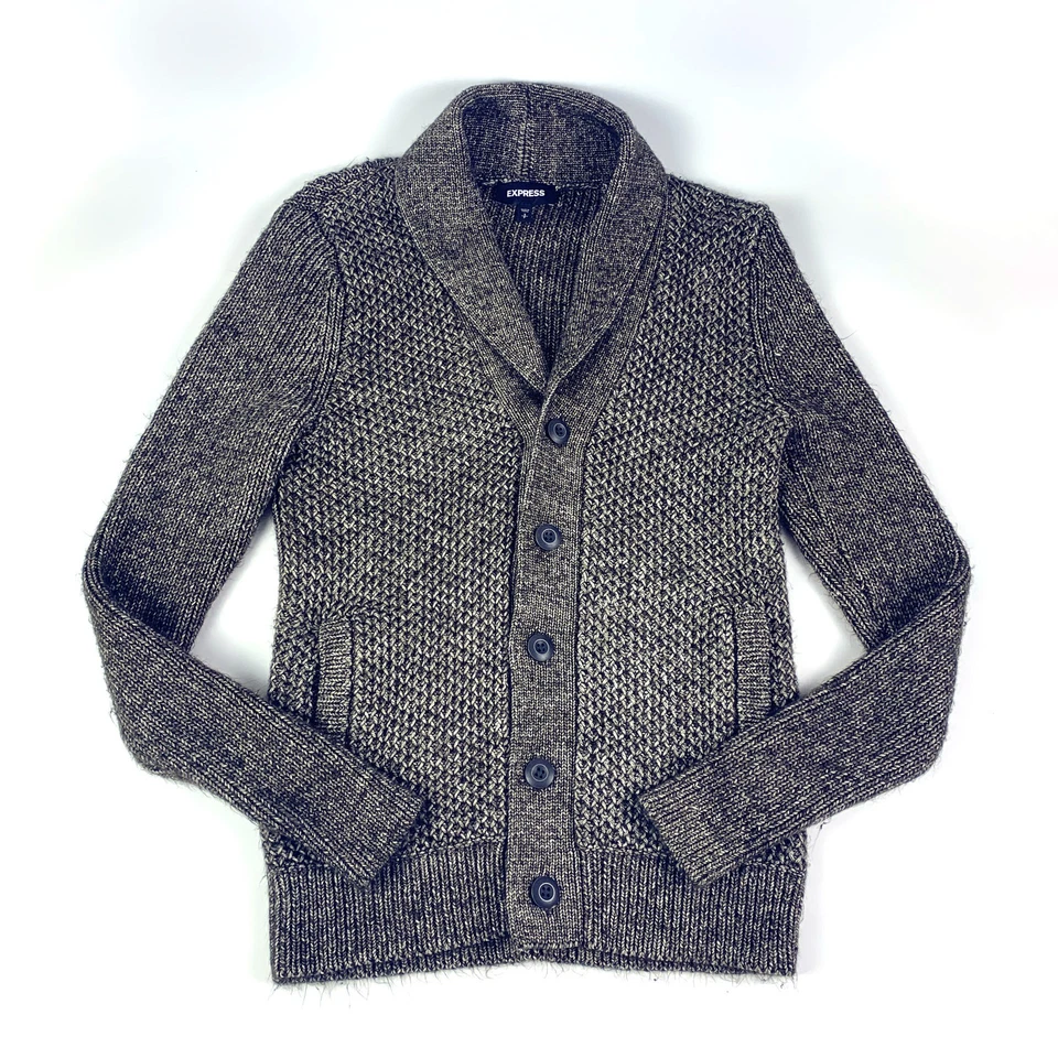 Express Knit Waffle Shawl Collar Cardigan Mens Sm Chocolate Brown Grampa Fisherm - Image 1 of 4