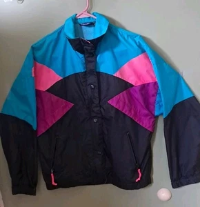 Vintage 80er 90er Black Ice Color Block Damen M Jacke Windbreaker Full Zip Nylon - Bild 1 von 14